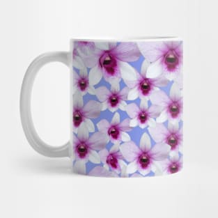 Light Pink Orchid Pattern on Blue Background Mug